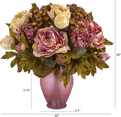 Miniatura 2 de Nearly Natural Arreglo artificial de peonía de 16 pulgadas en jarrón de color rosa, rosa