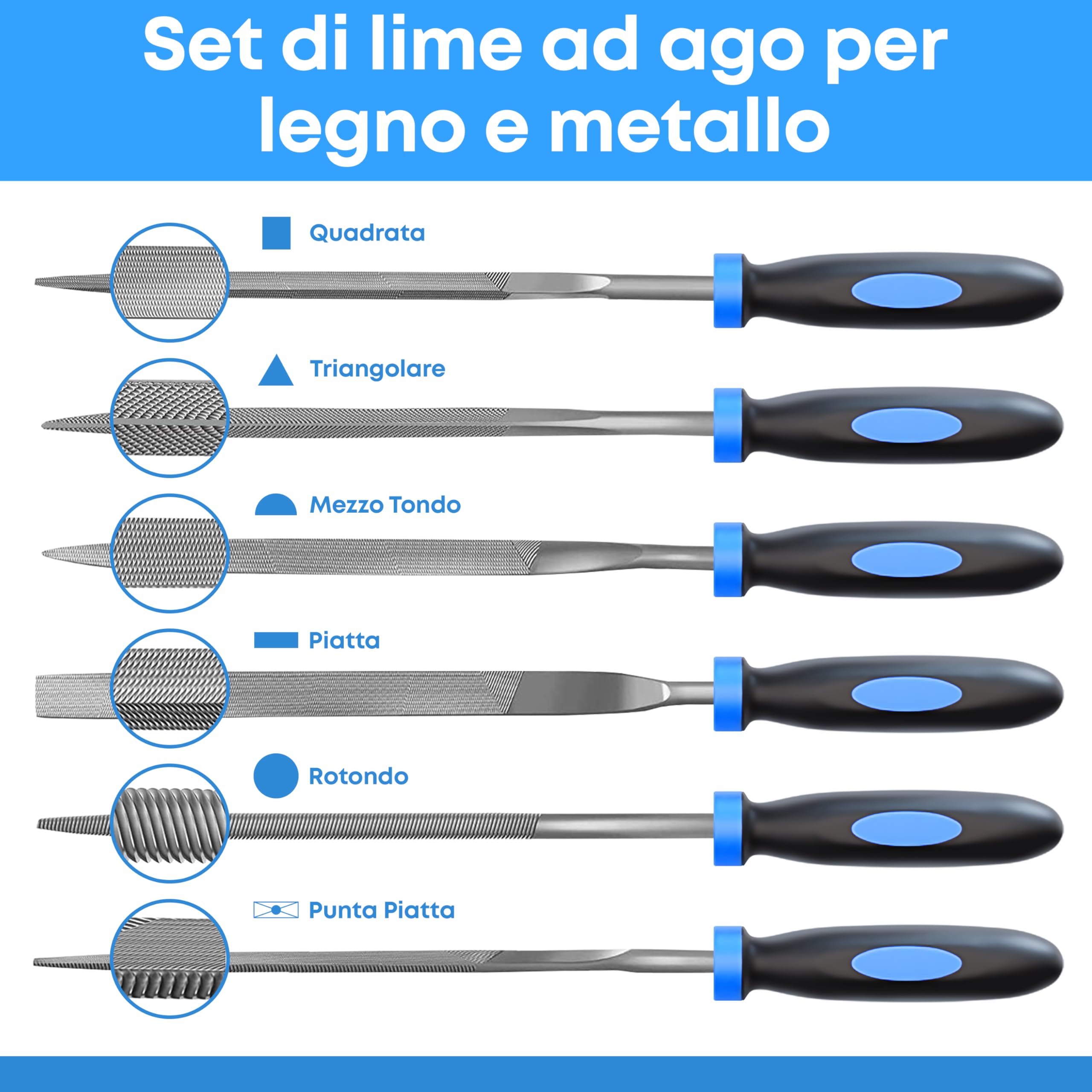 Set di lime ad ago - 6 pezzi per legno, metallo, plastica e gioielli - 160x4mm - Piccole lime tonde, mezze tonde, quadrate, triangolari, piatte e a punta piatta