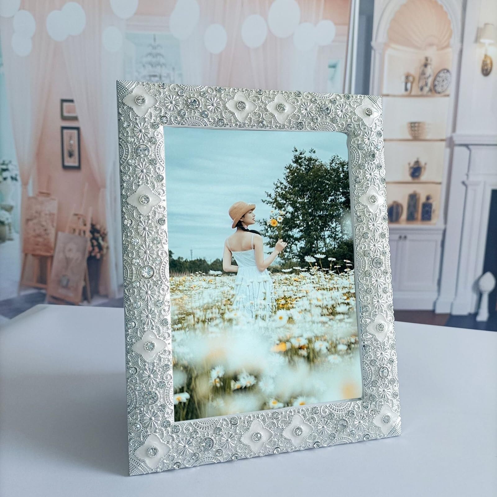 Ramka na zdjęcia z pamięcią 4 x 15 cm, srebrna, biała, metalowa, prostokątna, zdjęcie na blat, poziome, prezenty ślubne dla pary (20 x 25 cm)