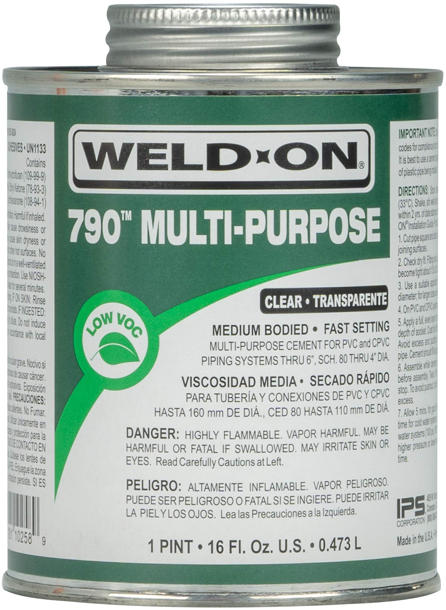 Weld-On 10258 790 Multi-Purpose Medium-Bodied High Strength Solvent Cement - Fast-Setting and Low-VOC, Light Amber, 1 Pint (16 fl oz)