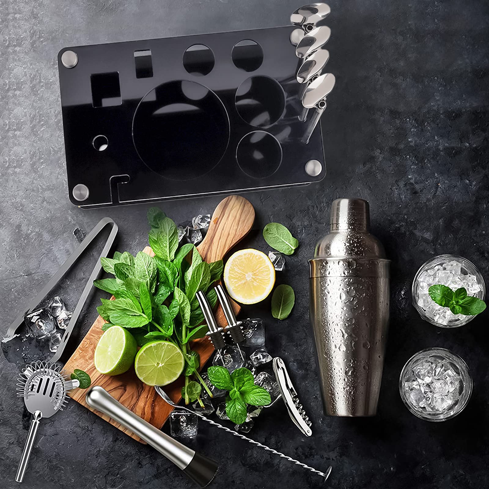 Shaker Cocktail Set 750 ML, 17 Pezzi Kit da Barman in Acciaio Inox, Professionale Kit Barman Completo, Set di Strumenti Bar con Mensola in Cristallo,Ricetta,per Casa, Bar e Feste,Regalo