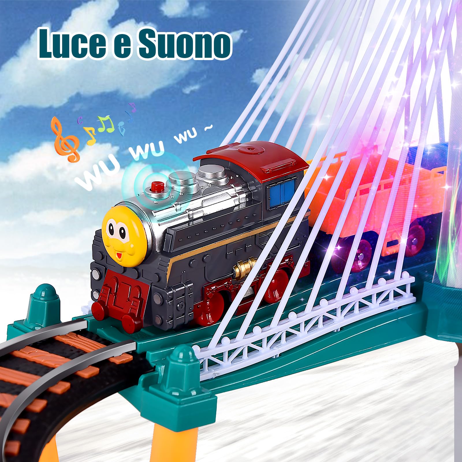JONRRYIN Piste Macchinine per Bambini, 140Pezzi Trenino Elettrico con Pista da Corsa, Costruzione di Circuiti da Corsa con Auto e Treno Giocattolo, Giocattolo Educativo Regalo Bambino (140Pezzi)