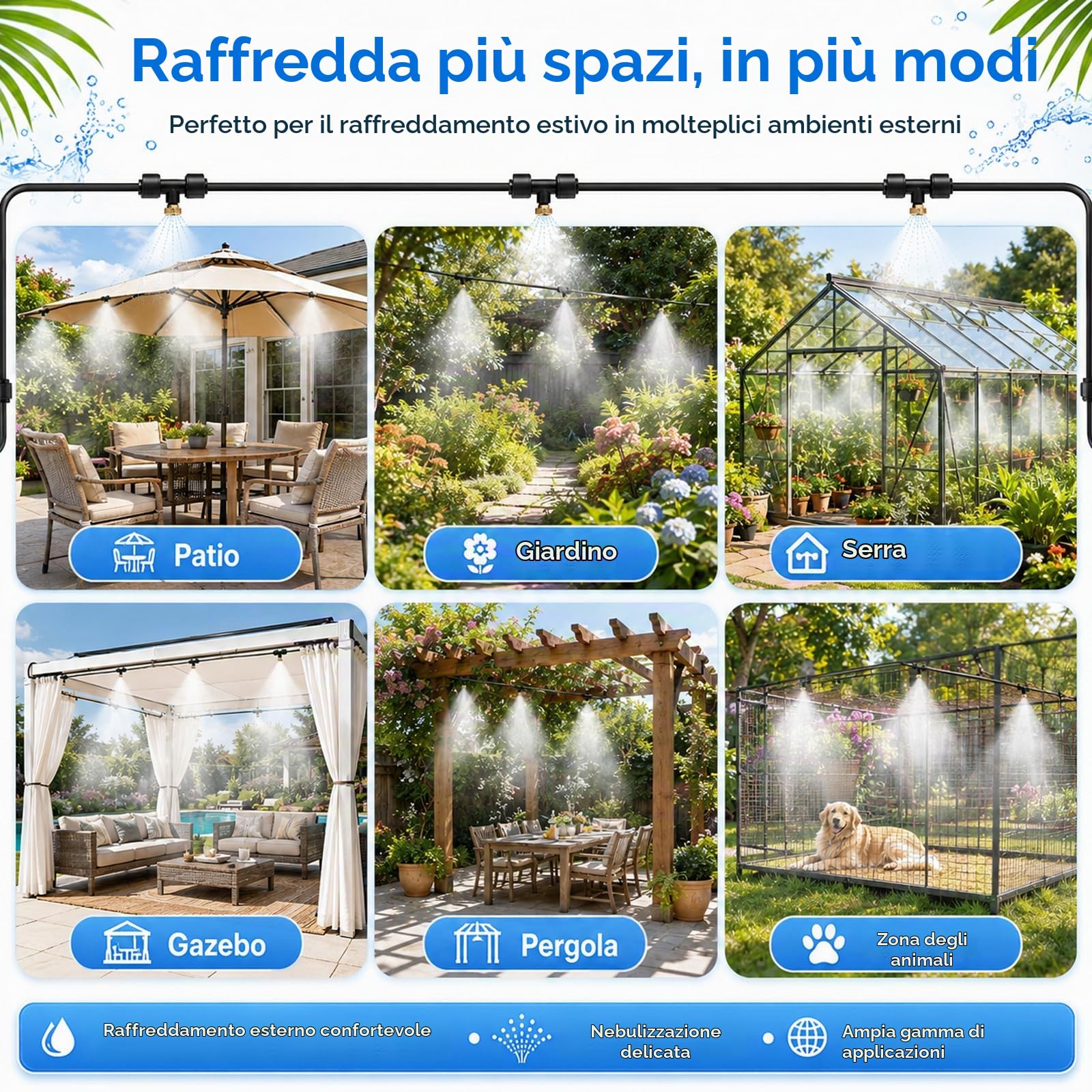 Sistema di nebulizzazione da giardino, 18 m, nebulizzatore di raffreddamento per terrazza, con 25 ugelli e fascette, sistema di raffreddamento nebulizzato, impianto di nebulizzazione dell'acqua