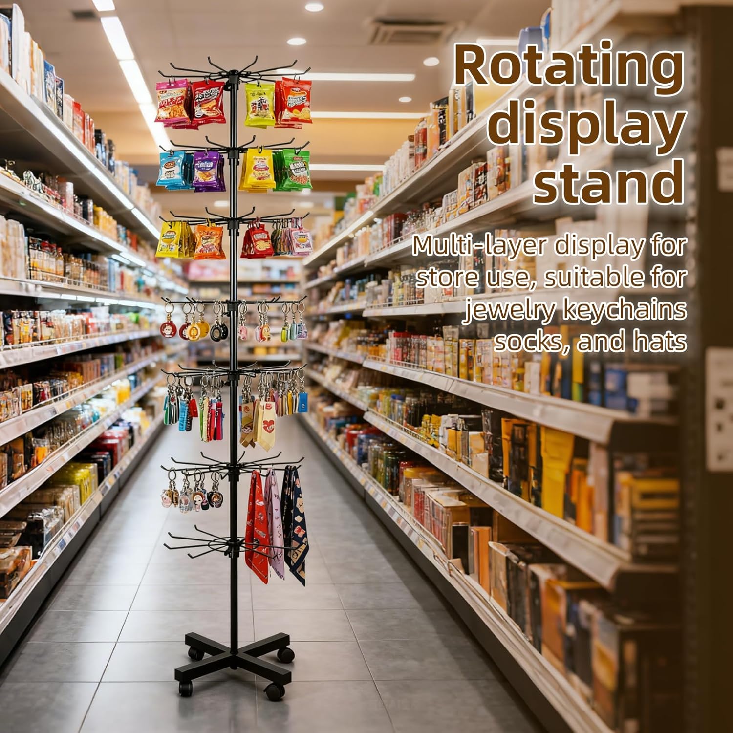 7 Tier Rotating Rack Shelves Retail Display Stand,Jewelry Keyring Socking Hats,Movable Shop Spinner for Toys Show,Adjustable height,retail display racks For Store Display,Black