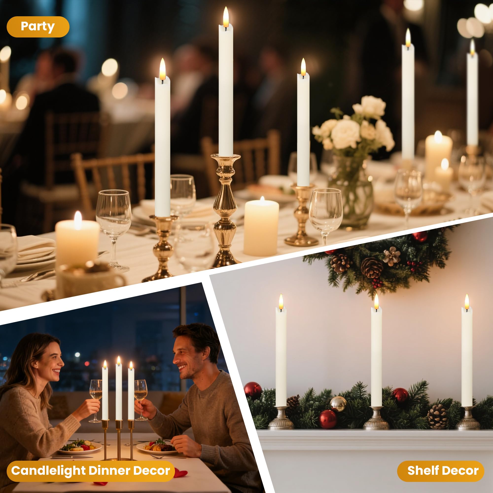 Confezione da 6 candele coniche senza fiamma, in vera cera, a LED, con stoppino 3D, candele a batteria con telecomando e tremolio caldo, per casa, Natale, tavolo da pranzo, decorazioni per matrimoni