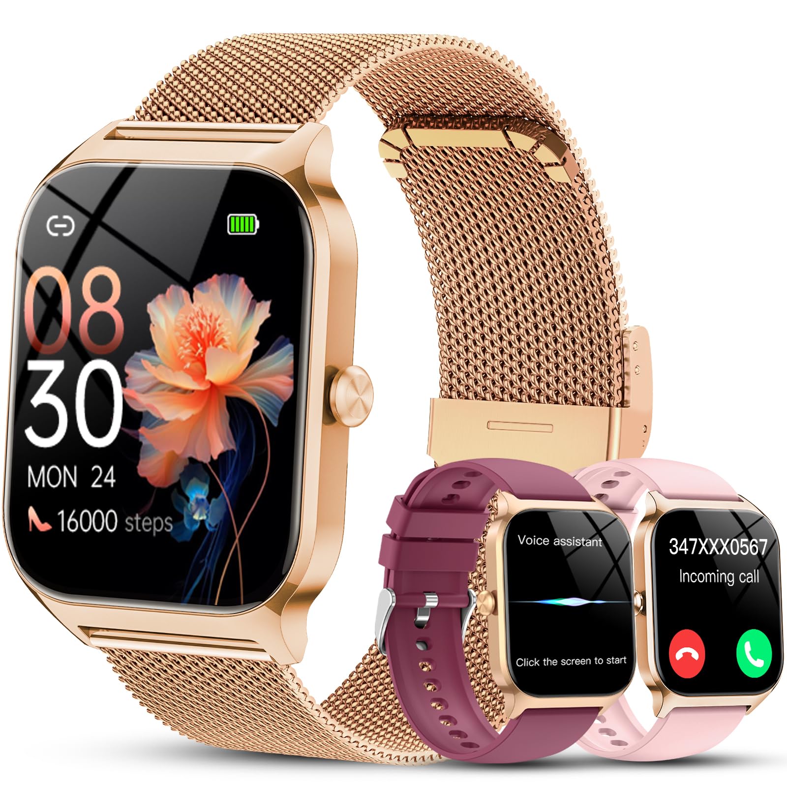 CASCHO Smartwatch Damen mit Telefonfunktion,1.85'' HD Fitness Tracker mit Herzfrequenz SpO2 Schlafmonitor,120+ Sportmodi Fitnessuhr, IP68 Smart Watch for Women für iOS Android,3 Armbänder,Antikgold
