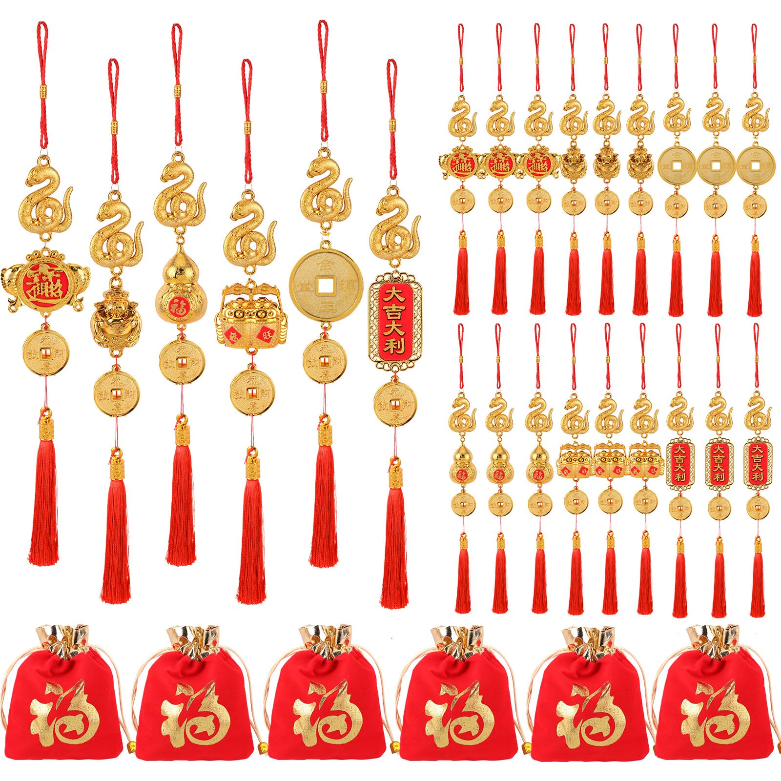 24 Pcs Chinese New Year Snake Bulk Decorations Lunar New Year 2025 Red Tassel Ornaments with Wealth Success Good Luck Hanging Decorations for Gifts Home Decor