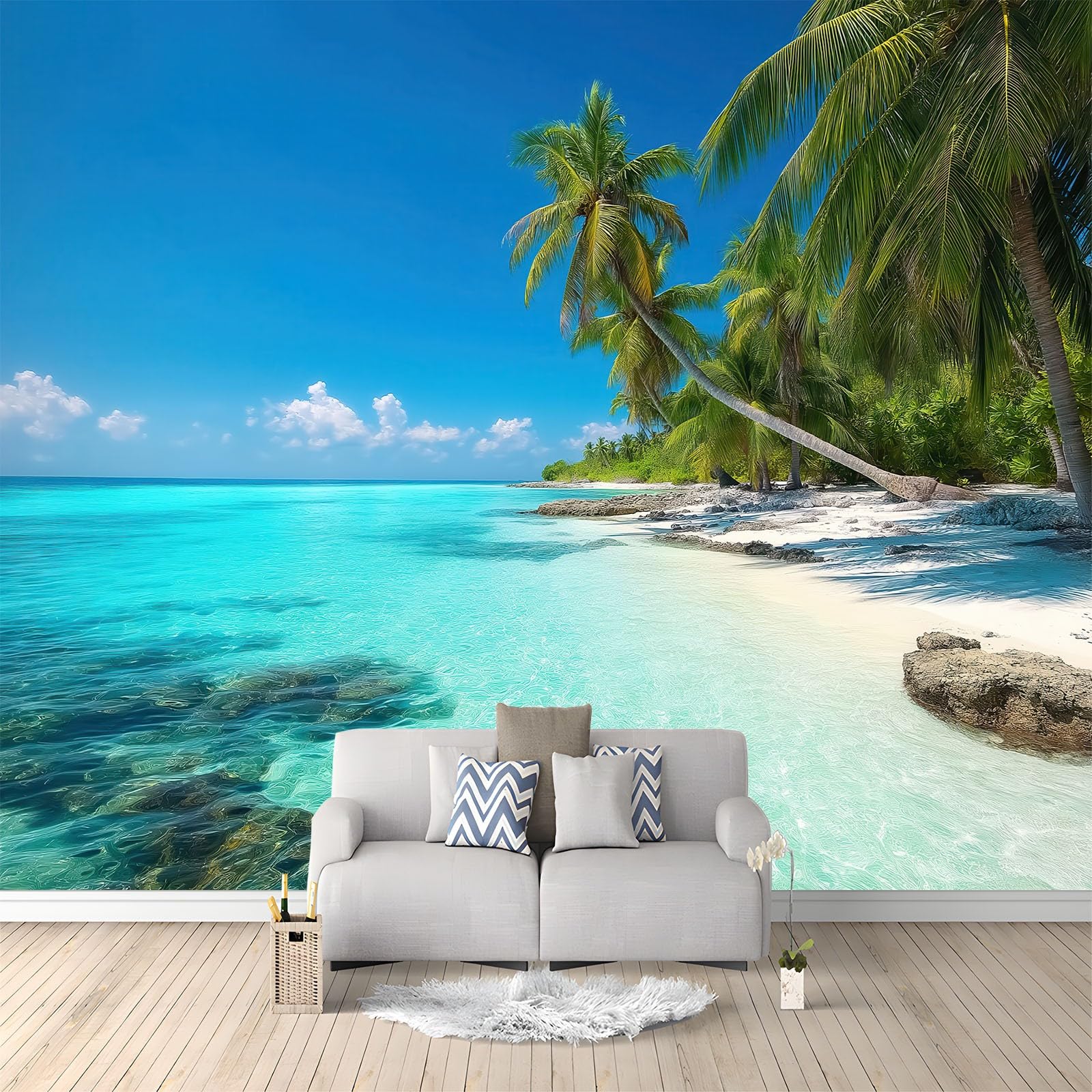 Wallpaper - Wall Mural 200 x 140 cm Sofa TV Kids Bedroom Non-Woven Premium Art Print Blue Wall Mural Decoration Poster Picture Design Realistic Beach Palm Trees