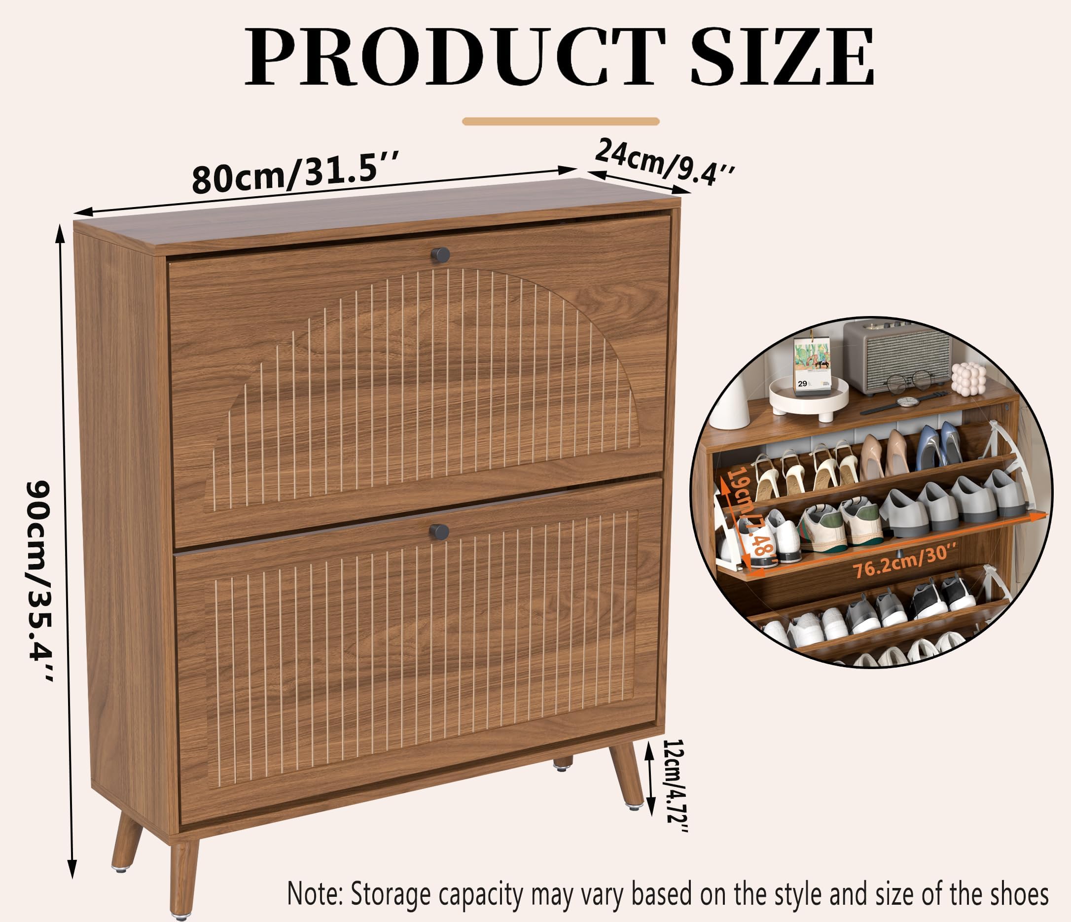 Fsbecl Shoe Storage Cabinet for Entryway with 2 Fluted Flip Drawers, Walnut | Narrow Design, Freestanding Shoe Rack with Adjustment Shelves, Wooden Hidden Organizer for Hallway Foyer, 12-16 Pairs