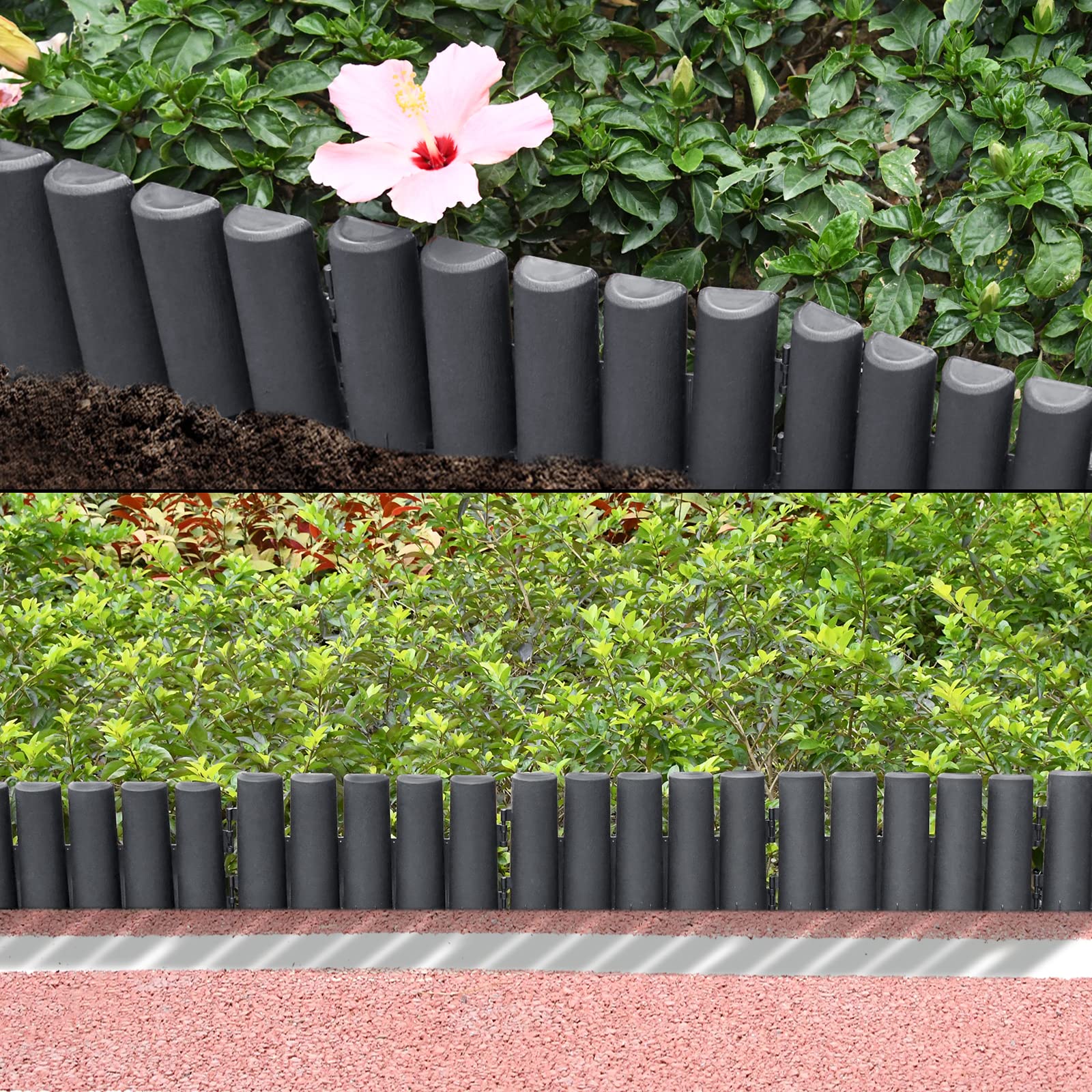Froadp Bordature da Giardino in Plastica 28x24cm Flessibile Prato Separé da Giardino Staccionata Recinzione Aiuole Bordi con Legno Aspetto per Frutteti Orti o Sentieri (14m=50 pezzi, Antracite)