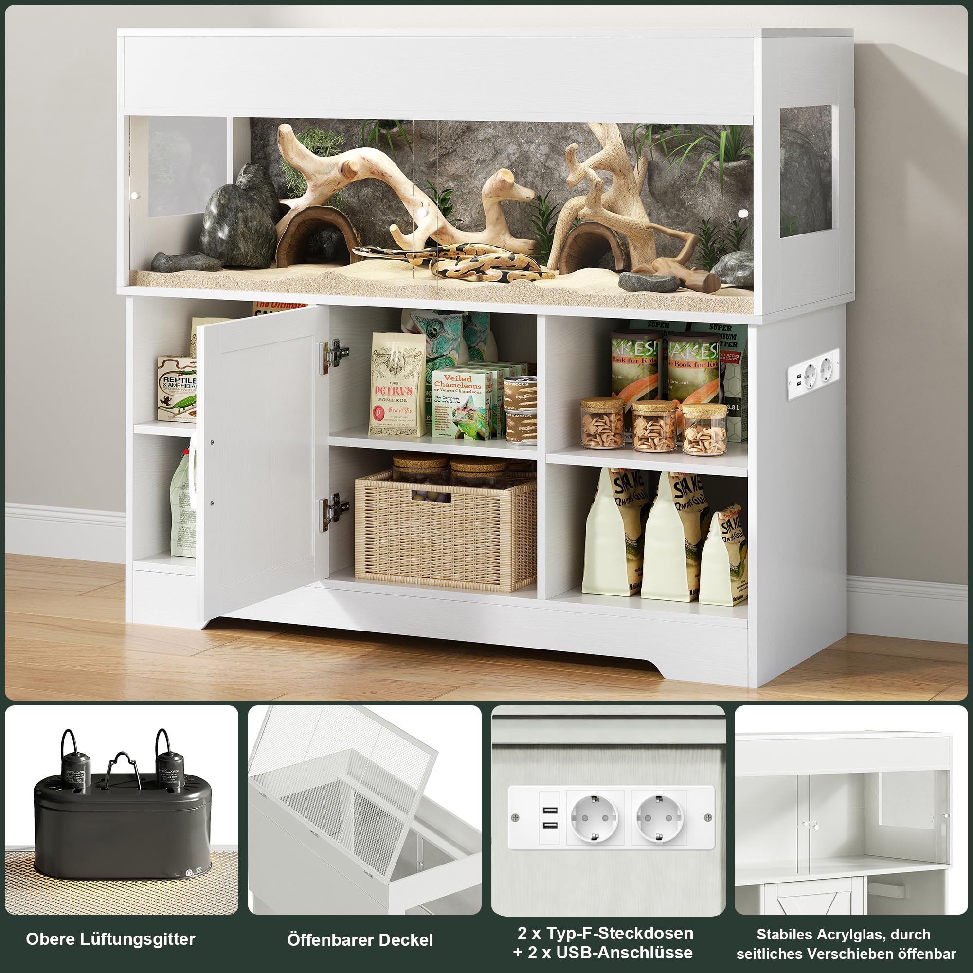 Herture Großes Terrarium mit Unterschrank 150 L, 90 x 46 x 41 cm | Reptilienvivarium Holz, Terrarienschrank mit Schiebetüren, integrierter Steckdose & Stauraum für Reptilien, EPX03RTWW