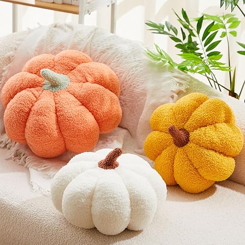 Miniatura 8 de Calabaza de peluche de Halloween en forma 3D decorativa de Acción de Gracias almohada suave y linda, 11 pulgadas, 7 pulgadas (blanco, 3 piezas)