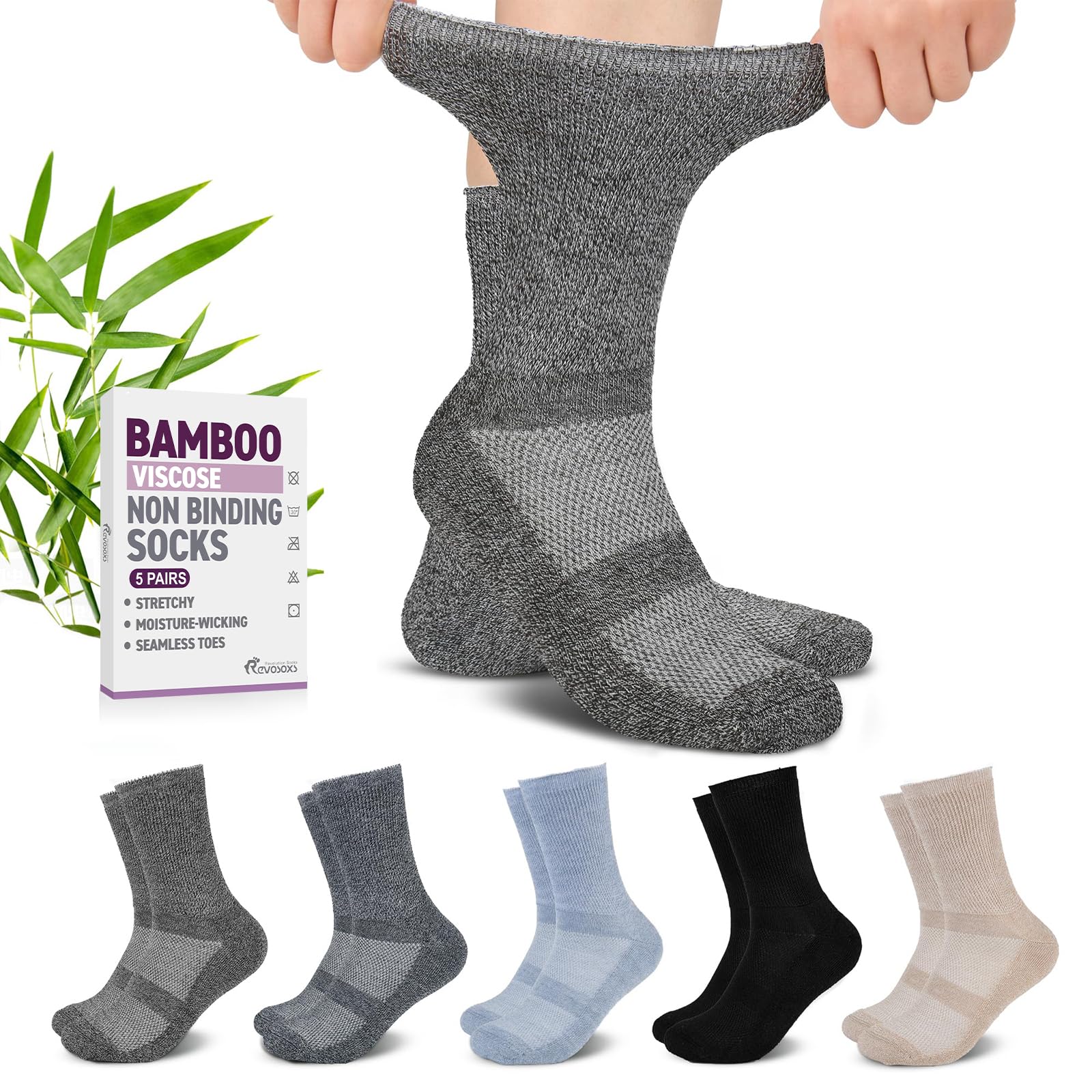 Revosoxs Diabetic Crew Socks for Men Women,Bamboo Viscose Non-Binding Loose Top Wide Socks with Seamless Toe 9-12 10-13