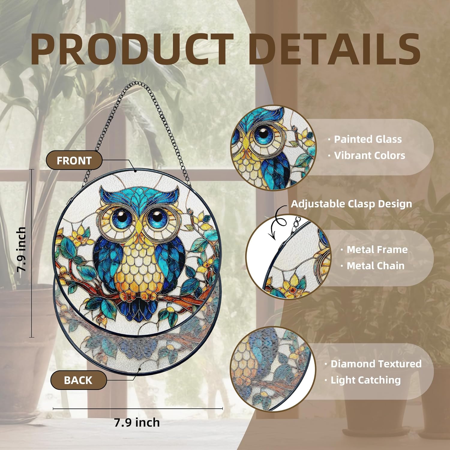 Owl Stained Glass Window Hanging, Owl Bird Suncatcher, Bird Sun Catchers Indoor Window Round Glass Wall Art Hanging Decorations, 7.9x7.9in