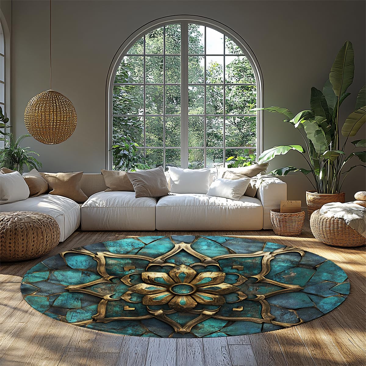 Tapis de salon rond 200cm lavable vintage bleu sarcelle et or bohème