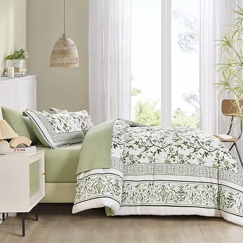 Miniatura 4 de Dobuyly Juego de edredón floral tamaño Queen, 7 piezas de cama en una bolsa, tamaño Queen, juego de ropa de cama botánico de microfibra suave con