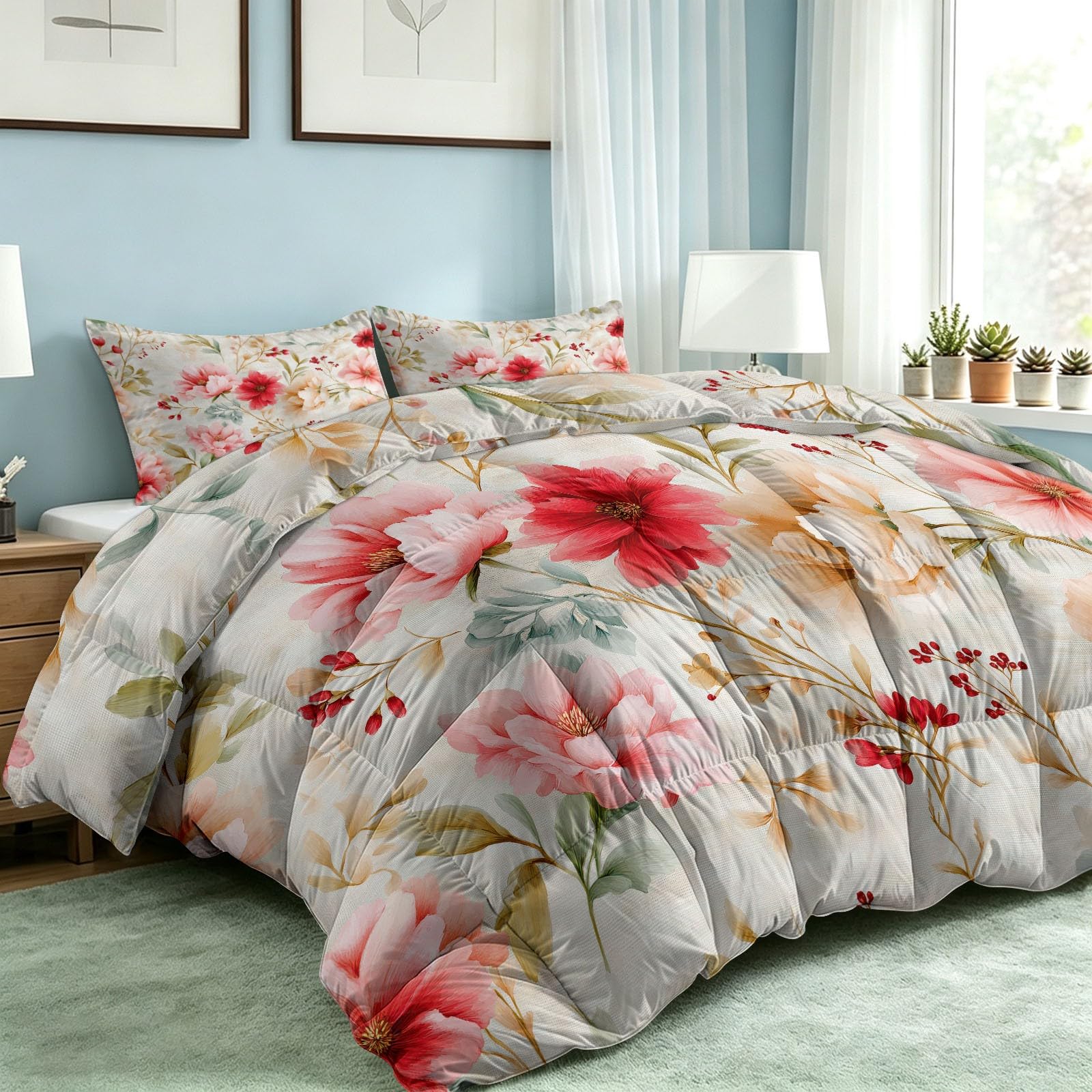 Générique Trapunta senza copripiumino vintage floreale 220 x 240 cm Flower Branch Trapuntato Trapuntato Estivo con 2 Federe Cuscini Bianco Set da Letto Matrimoniale Reversibile Morbido Lavabile in