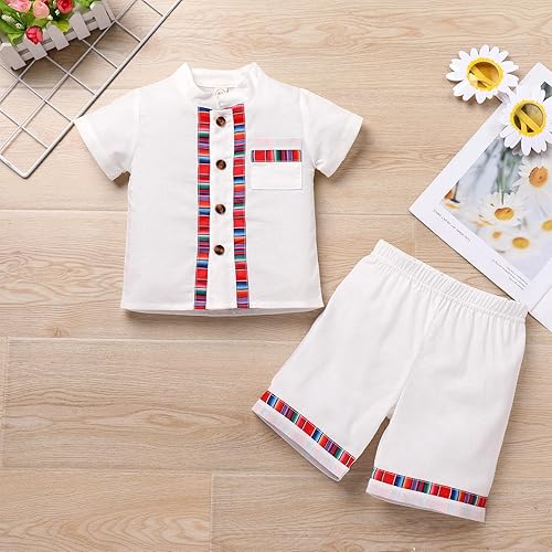 Miniatura 2 de IMEKIS Traje mexicano tradicional para niños pequeños, camisas étnicas tradicionales con pantalones cortos para fiesta de cumpleaños