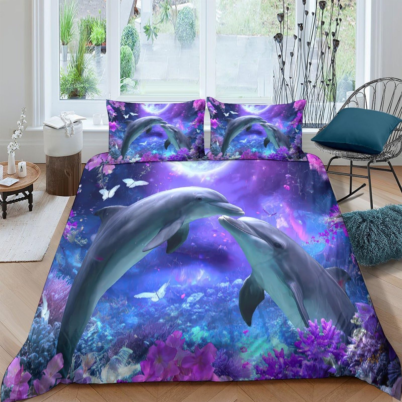 Ctjqhvkz Style-5 3D Printed Ocean Dolphin Fitted Sheet Microfiber Soft Blue Purple Underwater Mattress Cover For Bedroom Dorm Single（135X200cm）