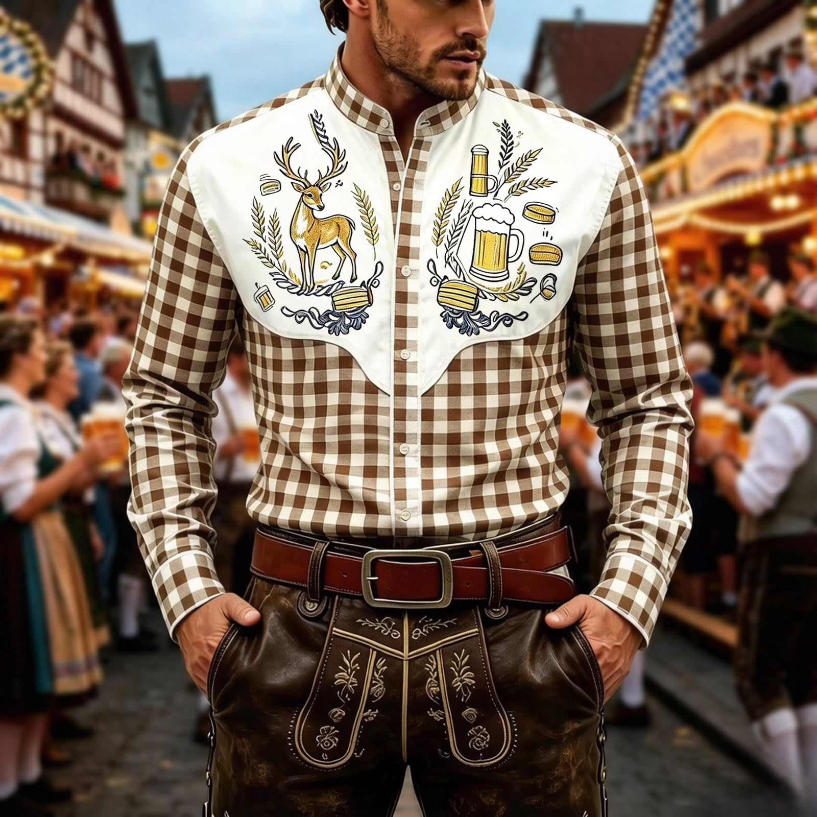 Trachtenhemd Herren Langarm Stehkragen Kariertes Hemd mit Knopfleiste Kariert Oktoberfest Hemden Karohemd Trachtenhemden für Herren Bayern Trachten Oberteil Freizeithemd Langarmhemd