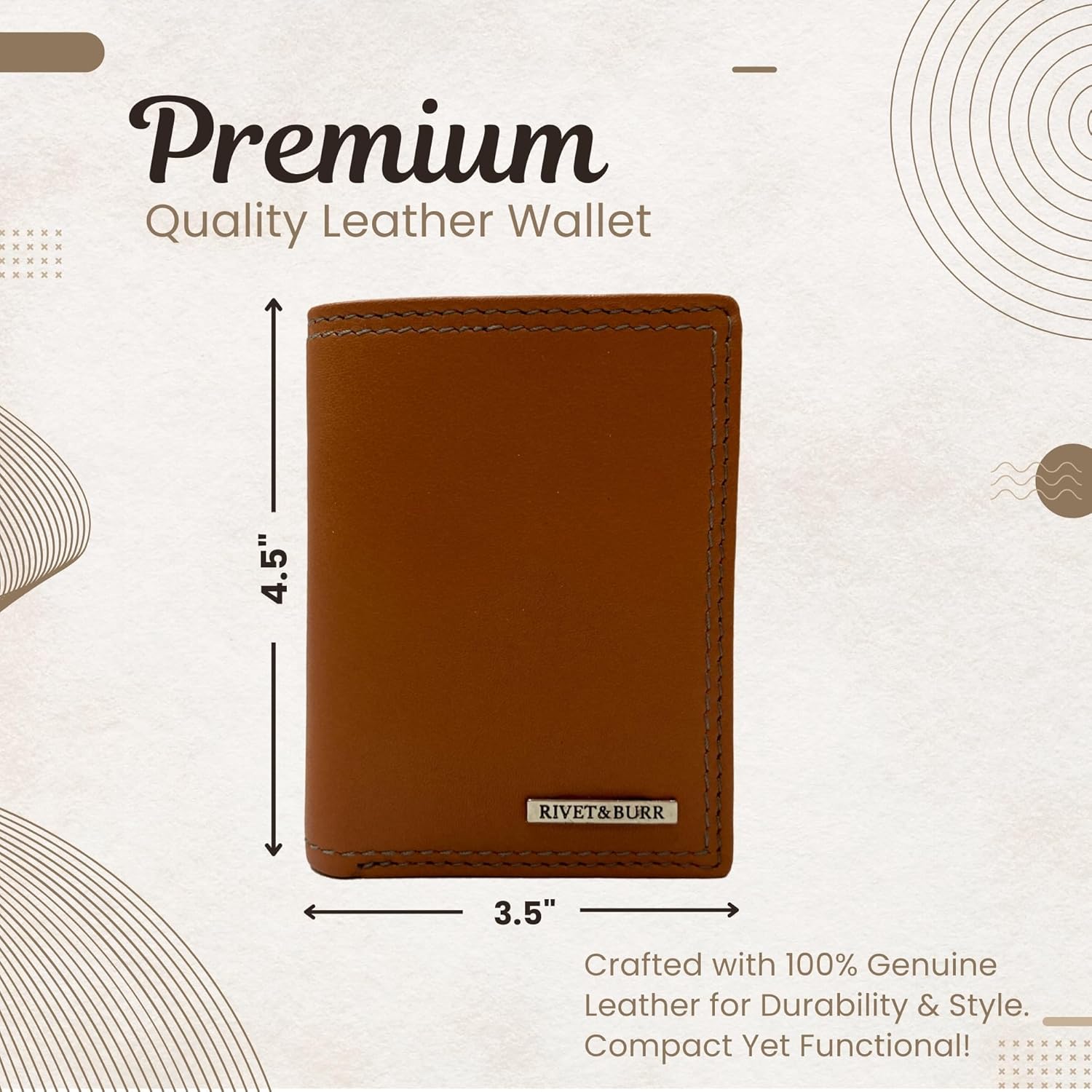 RIVET & BURR Genuine Leather Trifold Wallet for Men with RFID Blocking – Slim Vintage Wallet Gift Set with Box, Keychain & Vanity Tray – Double-Stitched Durable Design (Tan) - Image 2