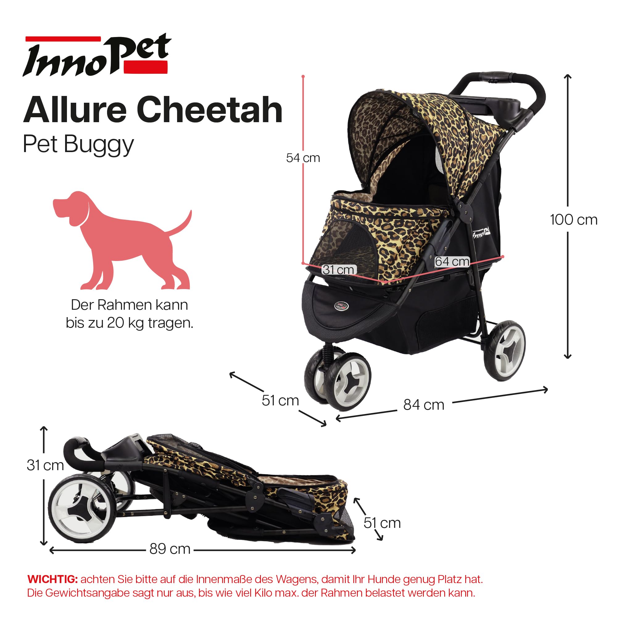 Hundebuggy Katzenbuggy für Reisen - Innopet Allure Cheetah – exklusiver Hundewagen mit Leopardenmuster, einhändig faltbar, mit Aufbewahrungskorb, 2 Sicherheitsleinen, pannensichere Räder – Hundewagen