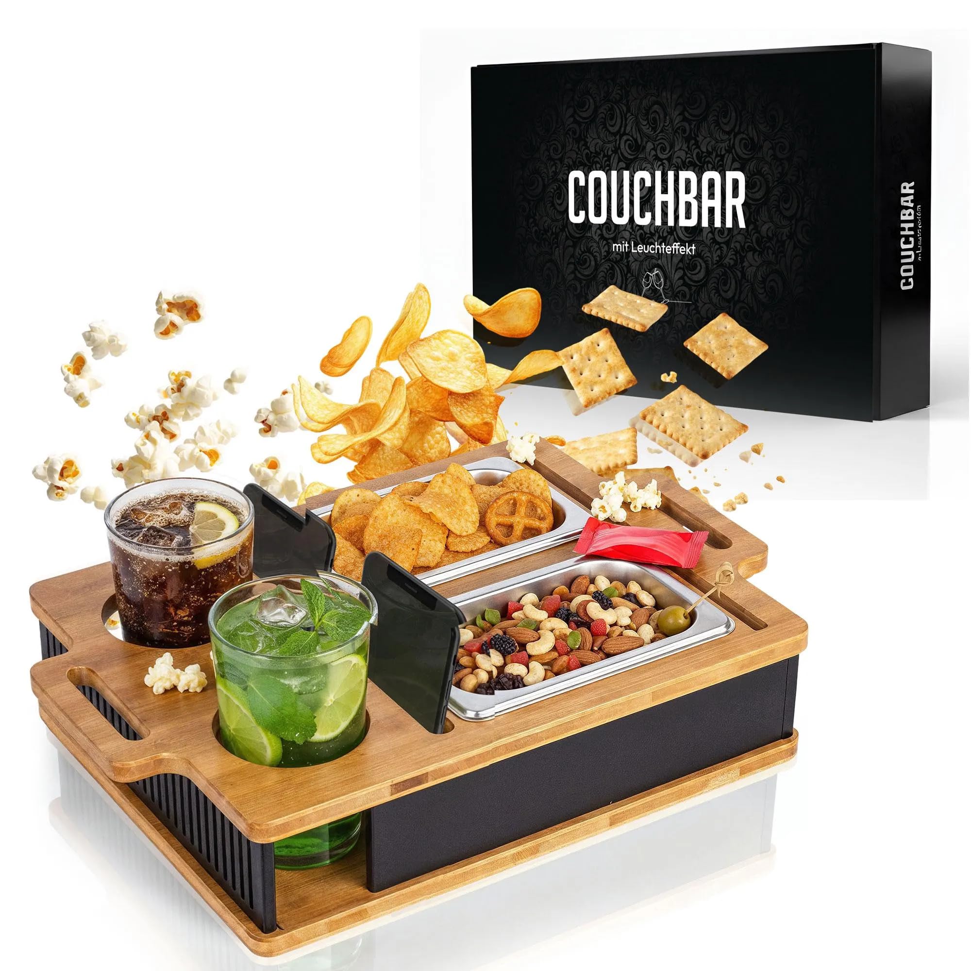 AH® Couchbar Snackbox mit Leuchteffekt – Bambus Sofa Tablett mit 2 Edelstahl-Schalen, Handy- & Getränkehalter – Couch Organizer & Geschenk für Männer & Frauen