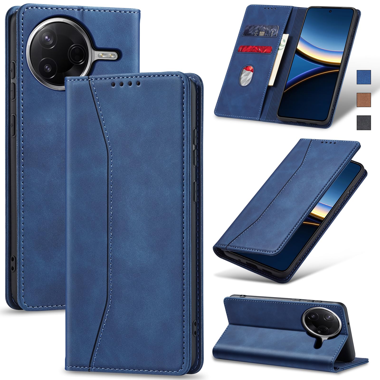 Jasonyu Handyhülle für Xiaomi Poco F7 Pro Hülle Leder Flip Klappbare Stoßfeste Magnetische Premium PU Leder Standfunktion Kartenfächern Schutzhülle Klapphülle,Blau