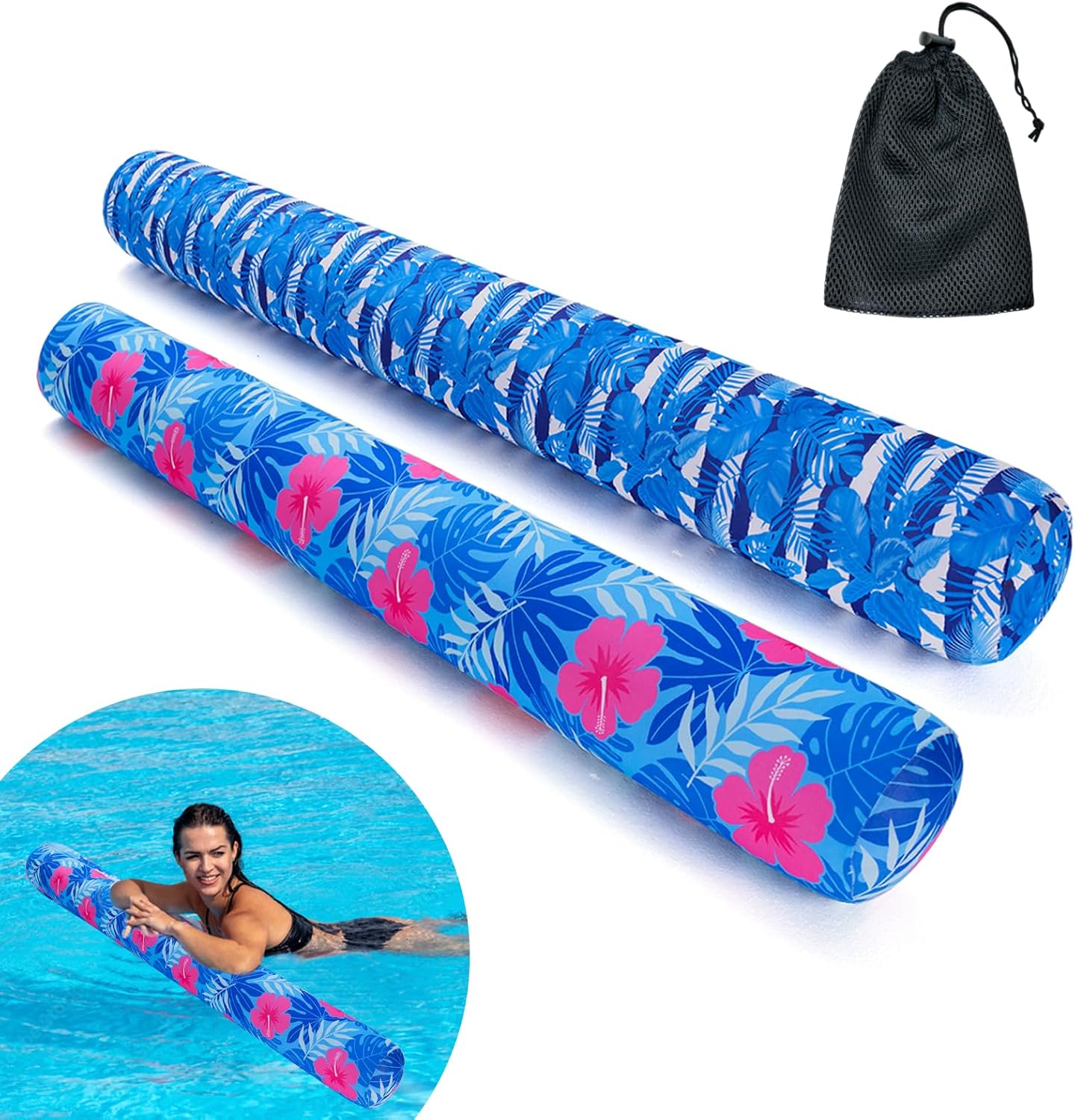Inflatable Swimming Pool Noodle, 2 Pack Soft Fabric Quick Drying Covered Large Pool Floats Noodles, Premium Buoyancy Swim PoolFloats with Portable Storage Bag for Pool Party Toy
