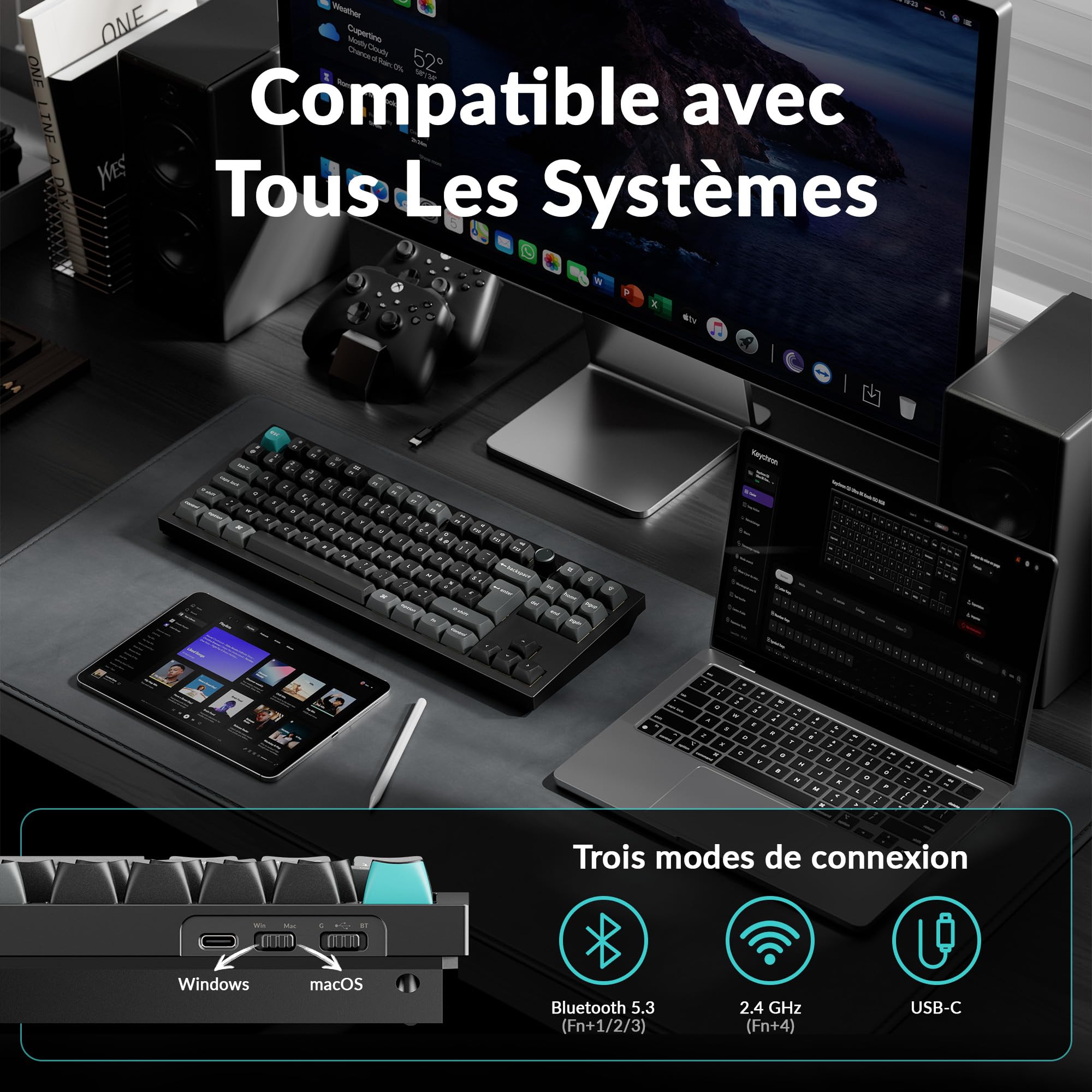 Keychron Q3 Ultra 8K Clavier Mécanique sans Fil, TKL ISO-FR Layout, CNC Aluminium, 2,4 GHz/BT 5.3/USB-C, 8000 Hz, ZMK/Launcher, Clavier AZERTY 80% pour Mac/Windows/Linux, Interrupteur Banane, Noir