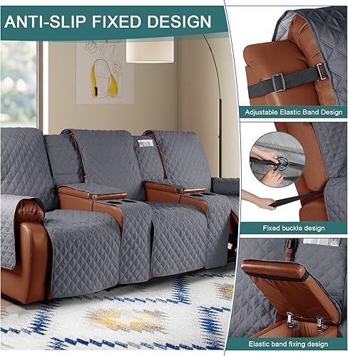 Miniatura 5 de Funda impermeable para sofá reclinable con consola, funda de sofá antideslizante para mascotas para sofá reclinable doble dividido con correas