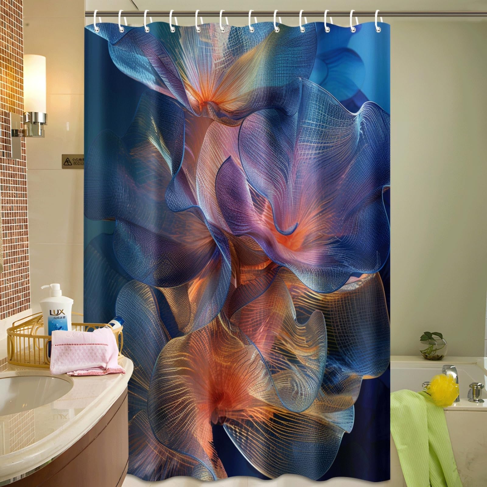 Tenda Doccia Fiore Blu Viola Tenda Doccia Antimuffa Impermeabile Poliestere Lavabile con 12 Ganci Facile da Installare Tende Finestra Bagno per Dormitorio Hotel(180x220cm)