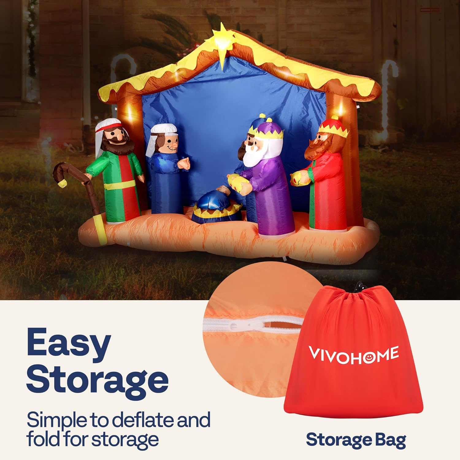 VIVOHOME 8FT Christmas Inflatable Outdoor Decoration, Nativity Scene Set, Navidad Blow Up Yard Decor with Built-in LED Light for Lawn, Garden, Party