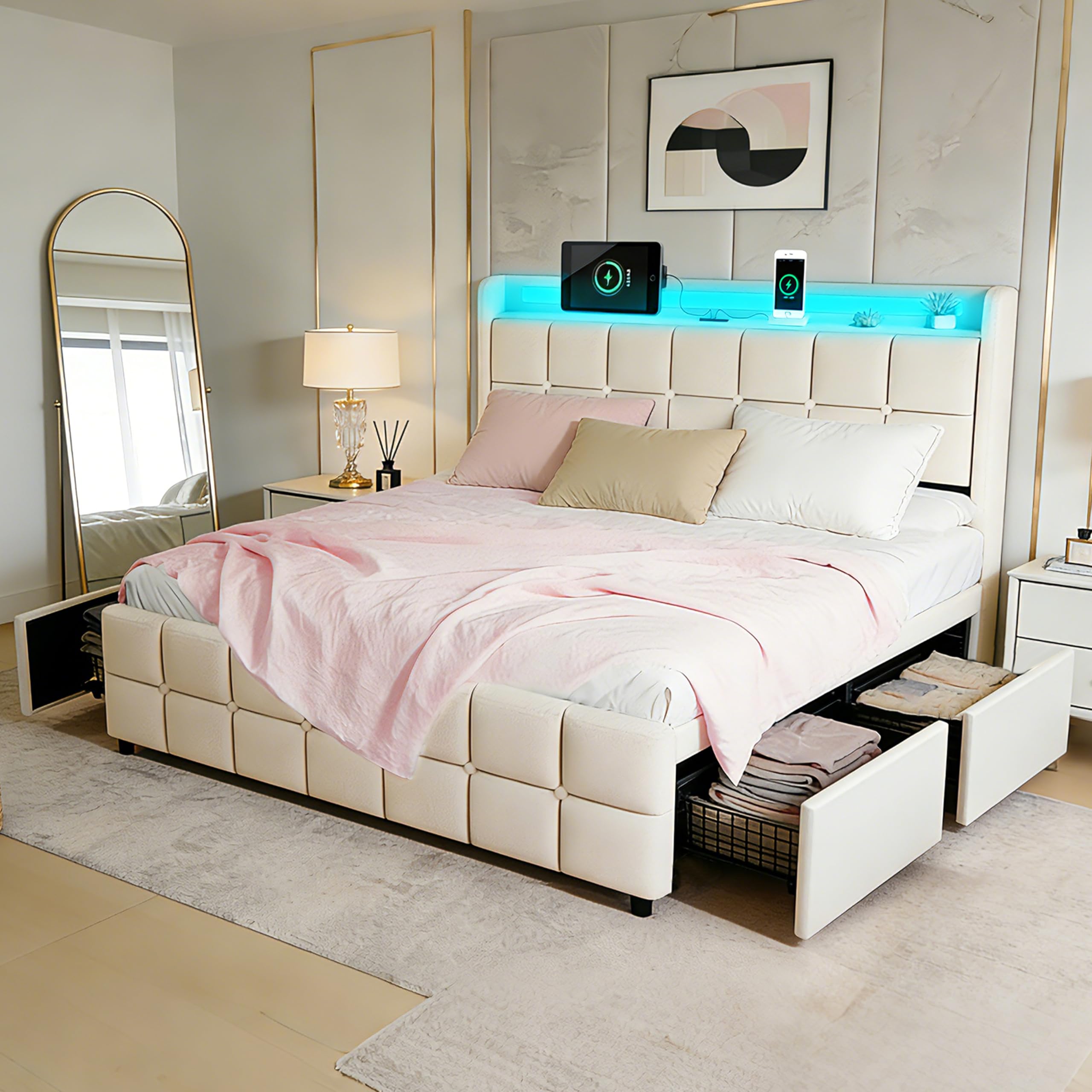 Leinen-Bettgestell 160x200 cm mit AC & USB Anschlüssen, Beige | Ladestation, 4 Schubladen, Polsterbett, LED-Beleuchtung, ohne Matratze, Holzlattenrost