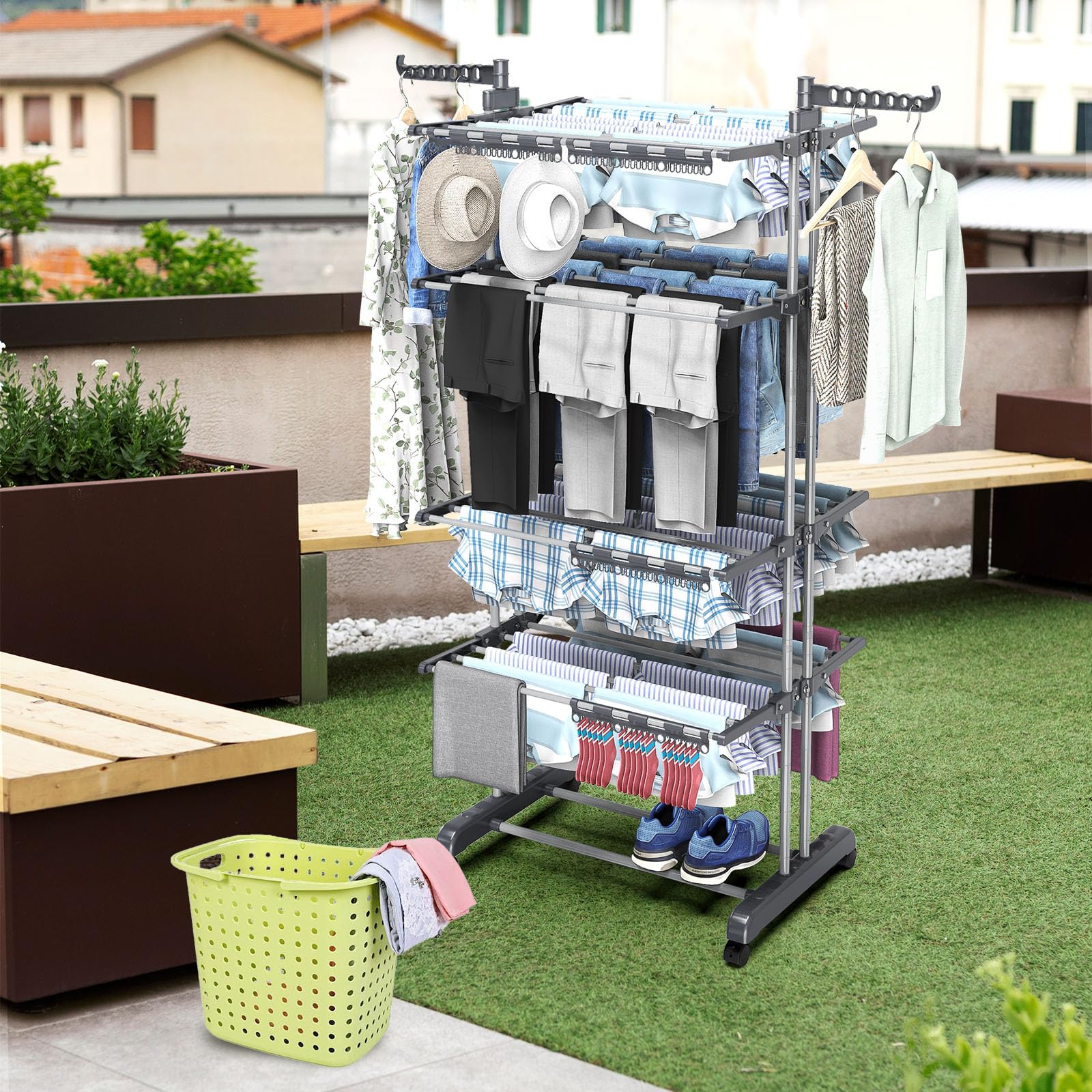 Tendedero Torre Vertical de Ropa con Ruedas 172cm Resistente Plegable Portatil Acero Inoxidable Clothes Drying Rack para Exterior Terraza Balcon (4 Niveles)