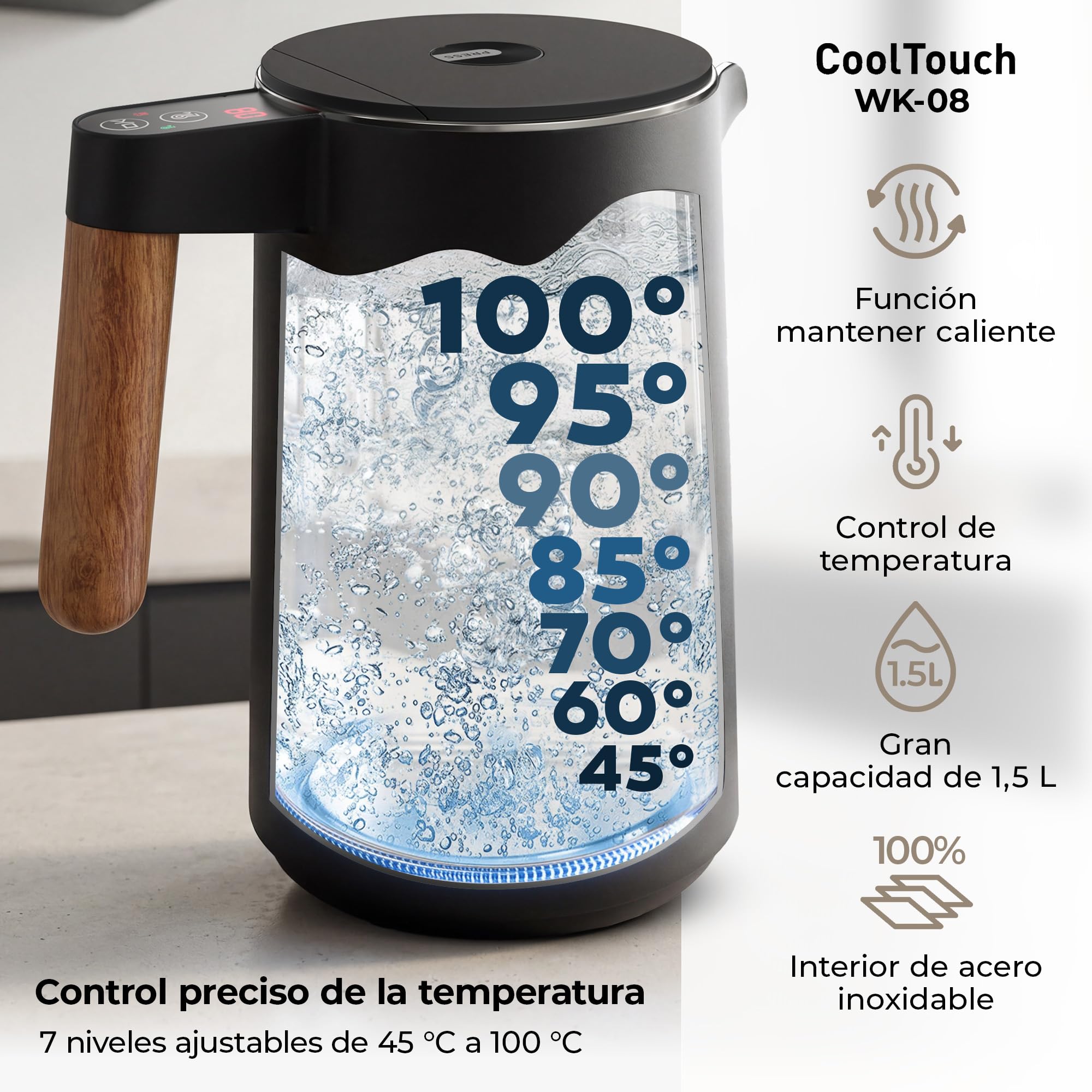 BALTER Hervidor Agua Electrico, regulador de temperatura, 45 °C a 100 °C, acero inoxidable, doble pared, sin BPA, 1,5 l, 2200 W, negro