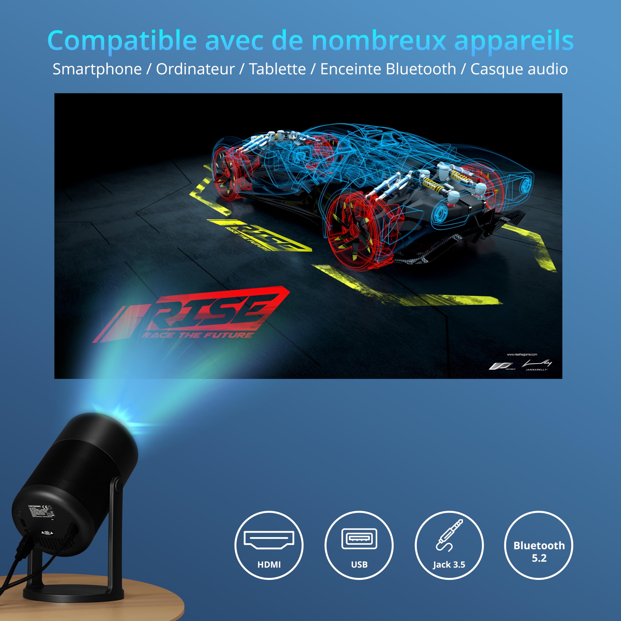 METRONIC Vidéoprojecteur Portable WiFi Bluetooth – Projecteur Full HD Compatible avec Haut-Parleur Intégré, Correction Automatique, Écran 60" Inclus, Idéal Films, Jeux Vidéo et Présentations