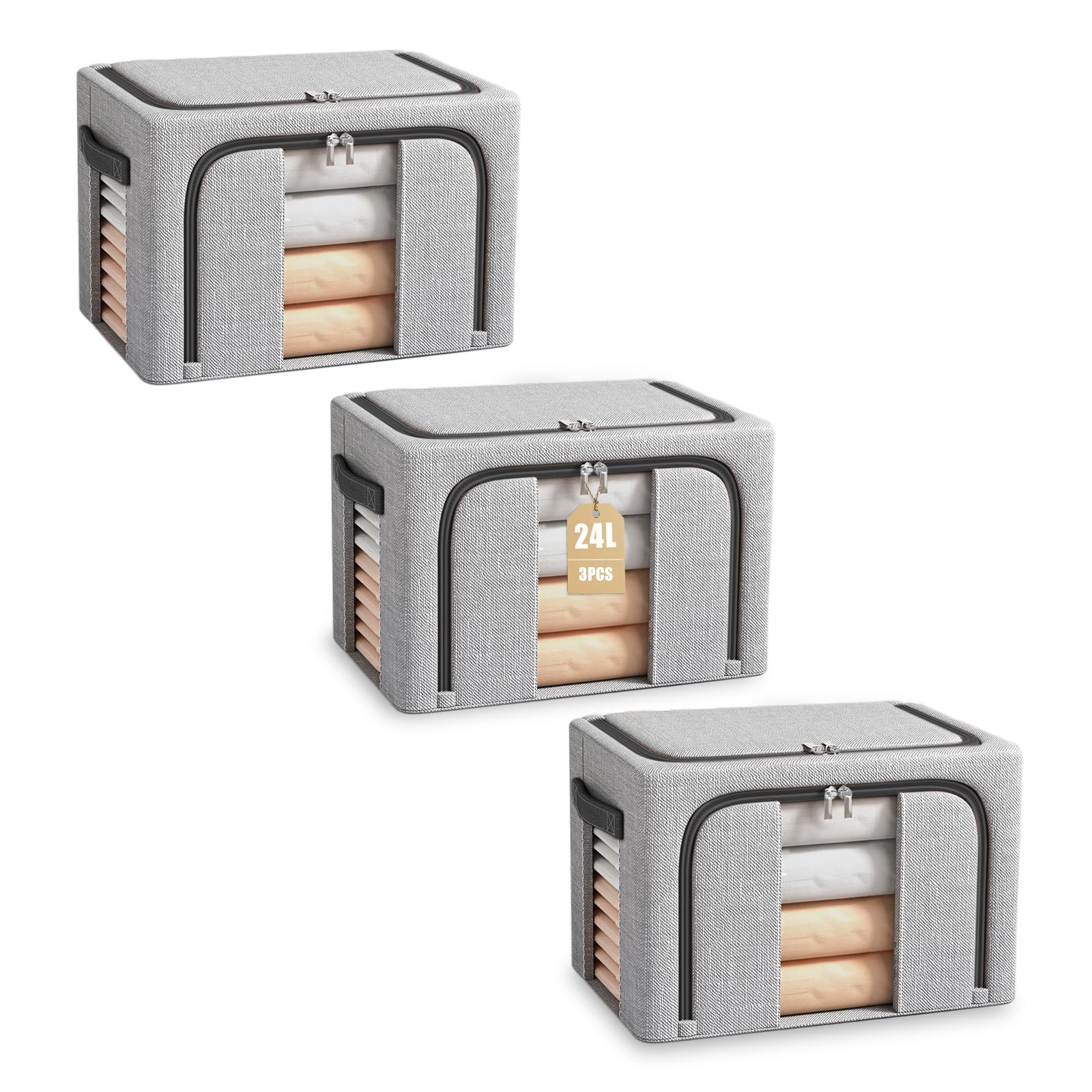 BOUDOI Foldable Storage Box, 3 Pack Clothes Storage Boxes With Double Opening Zip And Clear Window, Sided Zip Top Lid, With Reinforced Handle for Storing Bedding, Blankets — image 1
