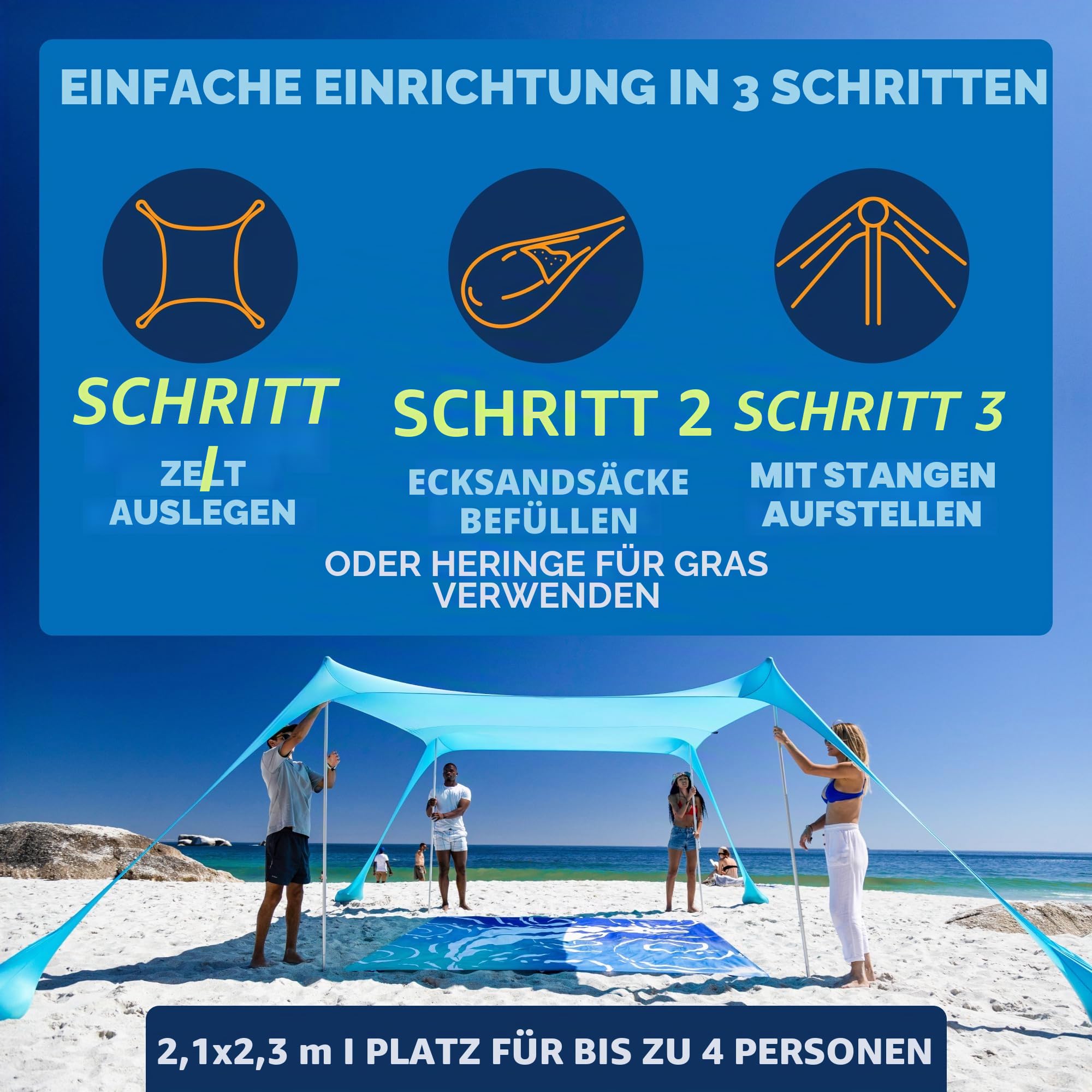 SUN NINJA Strandzelt, Sonnensegel LSF 50+, mit Sandschaufel, Heringen und Stabilitätsstangen, Schattensegel für draußen für Campingausflüge, Angeln, Spaß im Garten oder Picknicks