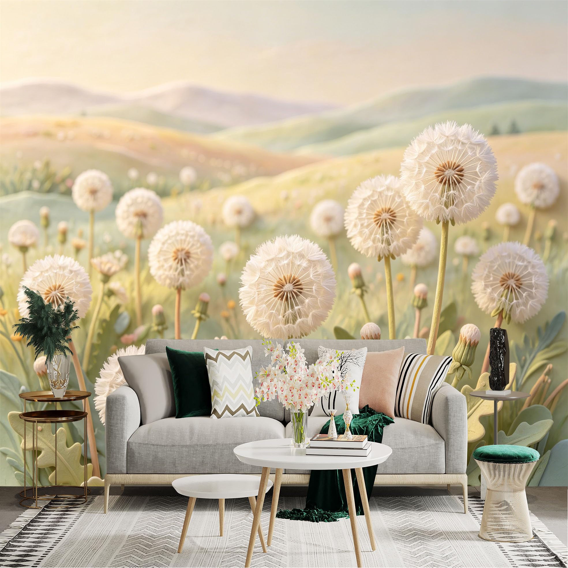 Lnzczhyre Dbh260521032 Custom Size Wall Sticker Mural， Soft Dandelion Field， Pale Green Meadow， Gentle Floral Scenery， For Wall Decoration， Peelandstick Wall Decals.
