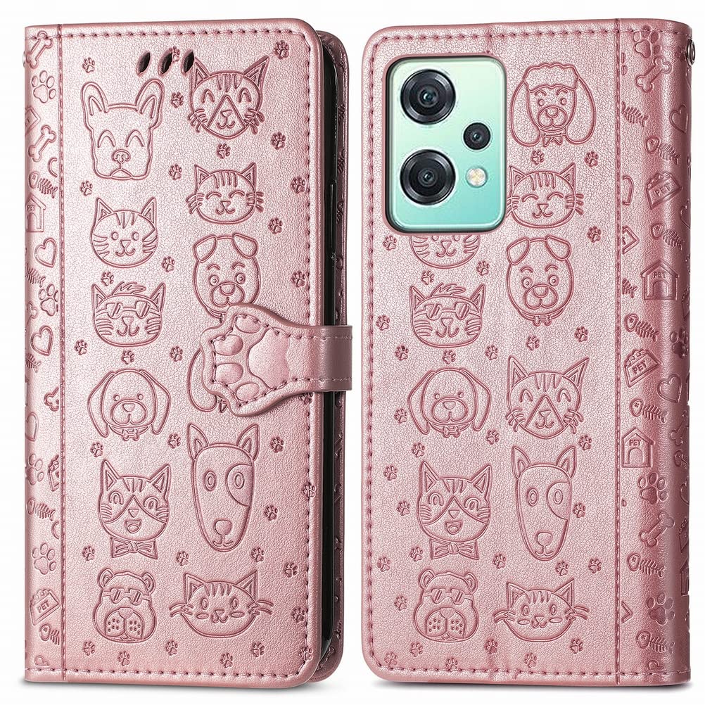 Case for OnePlus Nord CE 2 Lite 5G Leather Wallet Case, Cats and Dogs Flip Cover for OnePlus Nord CE 2 Lite 5G with Kickstand Card Slots Magnetic Protective Holster Bumper Pouch (Rosegold)