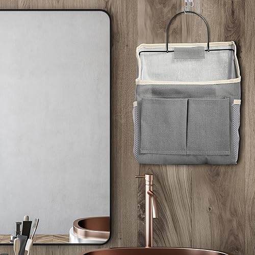 Miniatura 7 de Paquete de 6 bolsas de almacenamiento para colgar en la pared, organizador a granel con bolsillos, cesta de pared de algodón de lino con ganchos