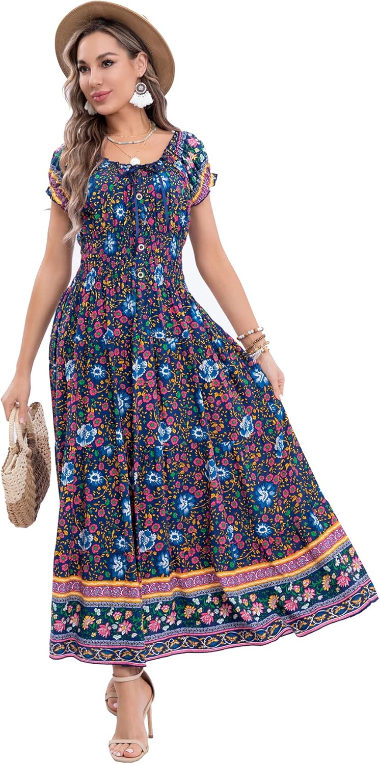 OSTOO Women's 2026 Summer Short Sleeves Boho Floral Print Tiered Casual Flowy Long Maxi Dress - Image 3