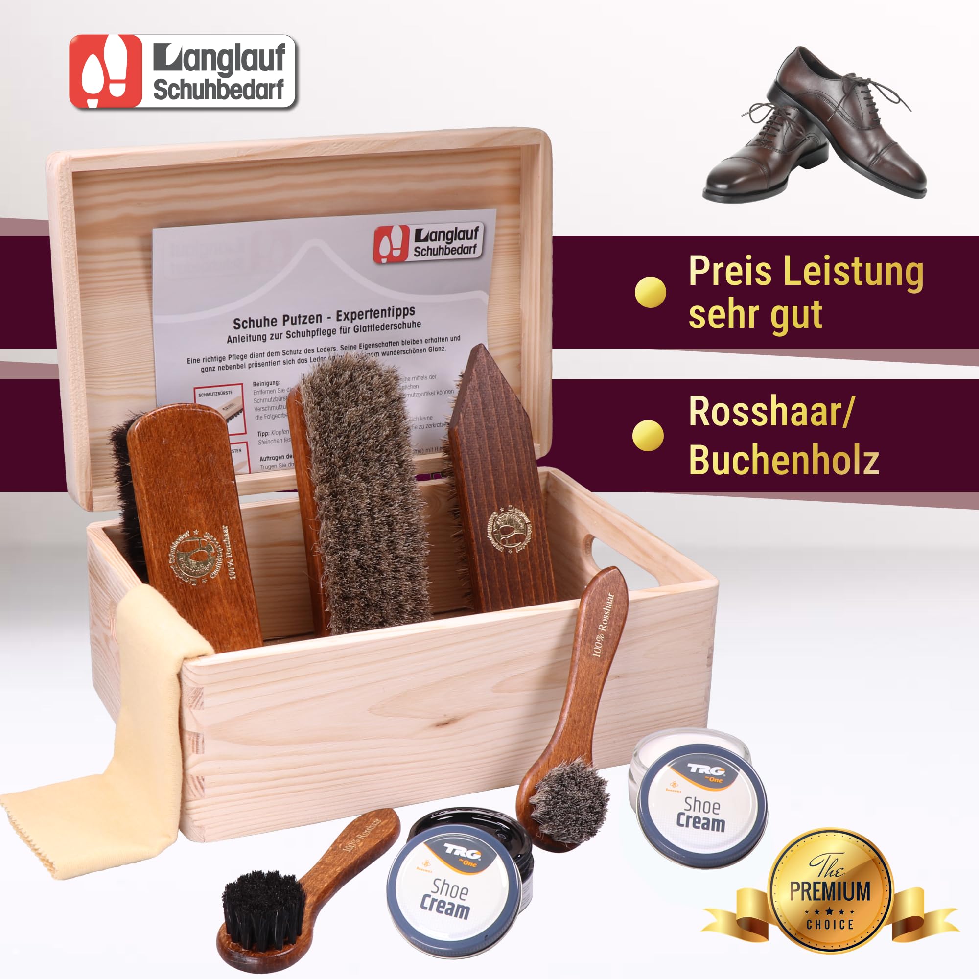 Schuhputzset Leder 9tlg Schuhputzkasten Milano I Rosshaar Schuhbürste -Tiegelbürste und extra weiche Rosshaarbürste zum polieren I Schuhbürsten Set mit Pferdehaar, Schuhpflegeset made in Germany