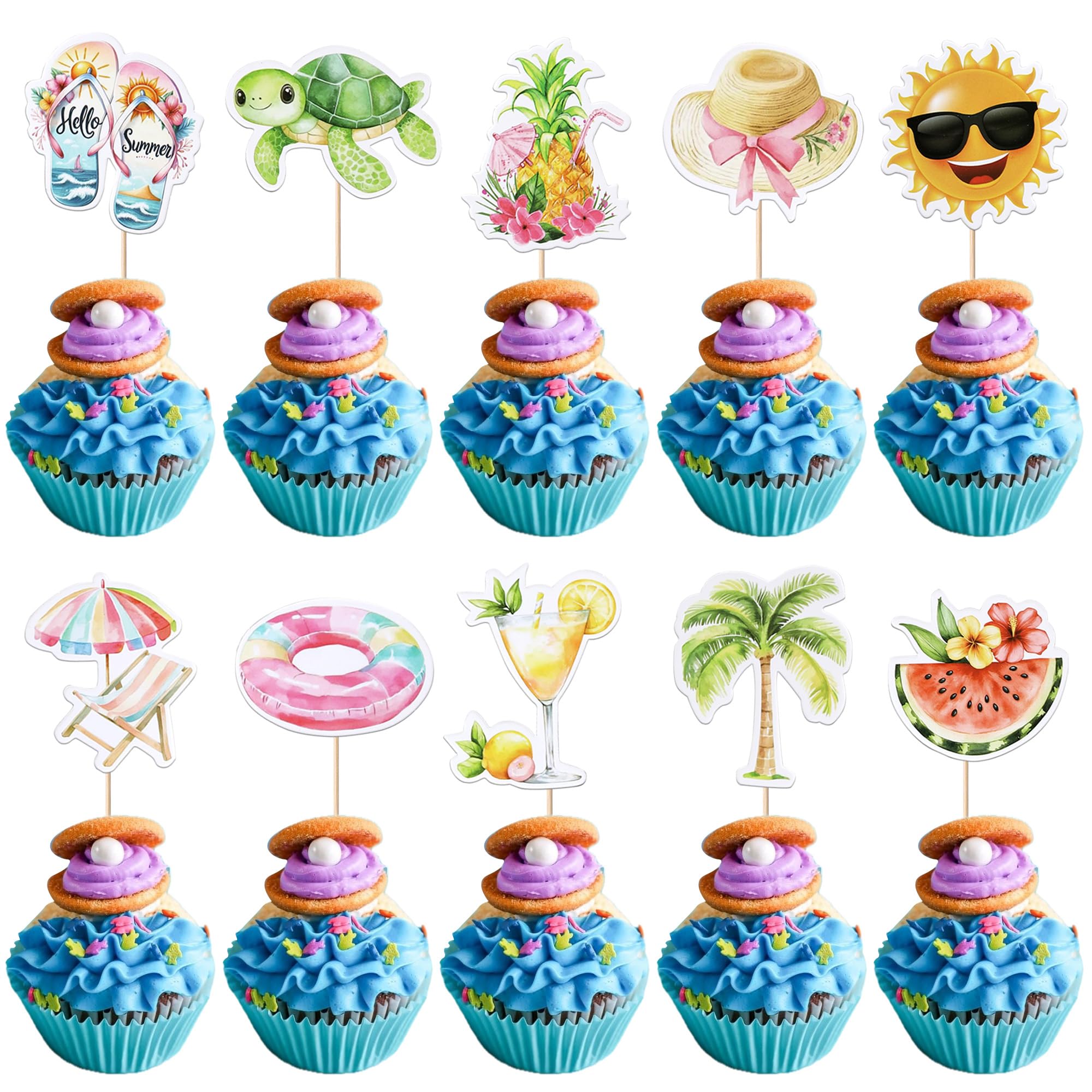 40 Pack Summer Beach Pool Cupcake Toppers Watermelon Slippers Sun Plam Tree Pineapple Tortoise Umbrella Cupcake Picks Beach Pool Party Cake Decorations for Summer Hawaii Theme Birthday Party Supplies