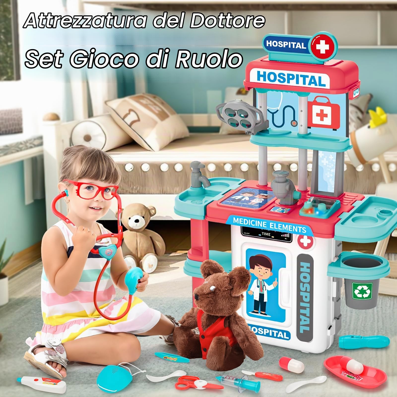 deAO Kit Medico Giocattolo Dottore, con Stetoscopio Siringa Suoni e Luci | Stazioni Mediche Valigetta con Microscopio, Simulazione Dottore Medico, Gioco di Ruolo, Regalo Compleanno Natale