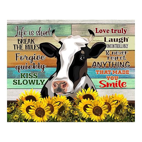 Miniatura 1 de "Life Is Short-Break the Rules"-Inspirational Cow Wall Art-14 x 11" Rustic Farmhouse Print wWood Design & Sunflower Images-Ready to Frame. Country