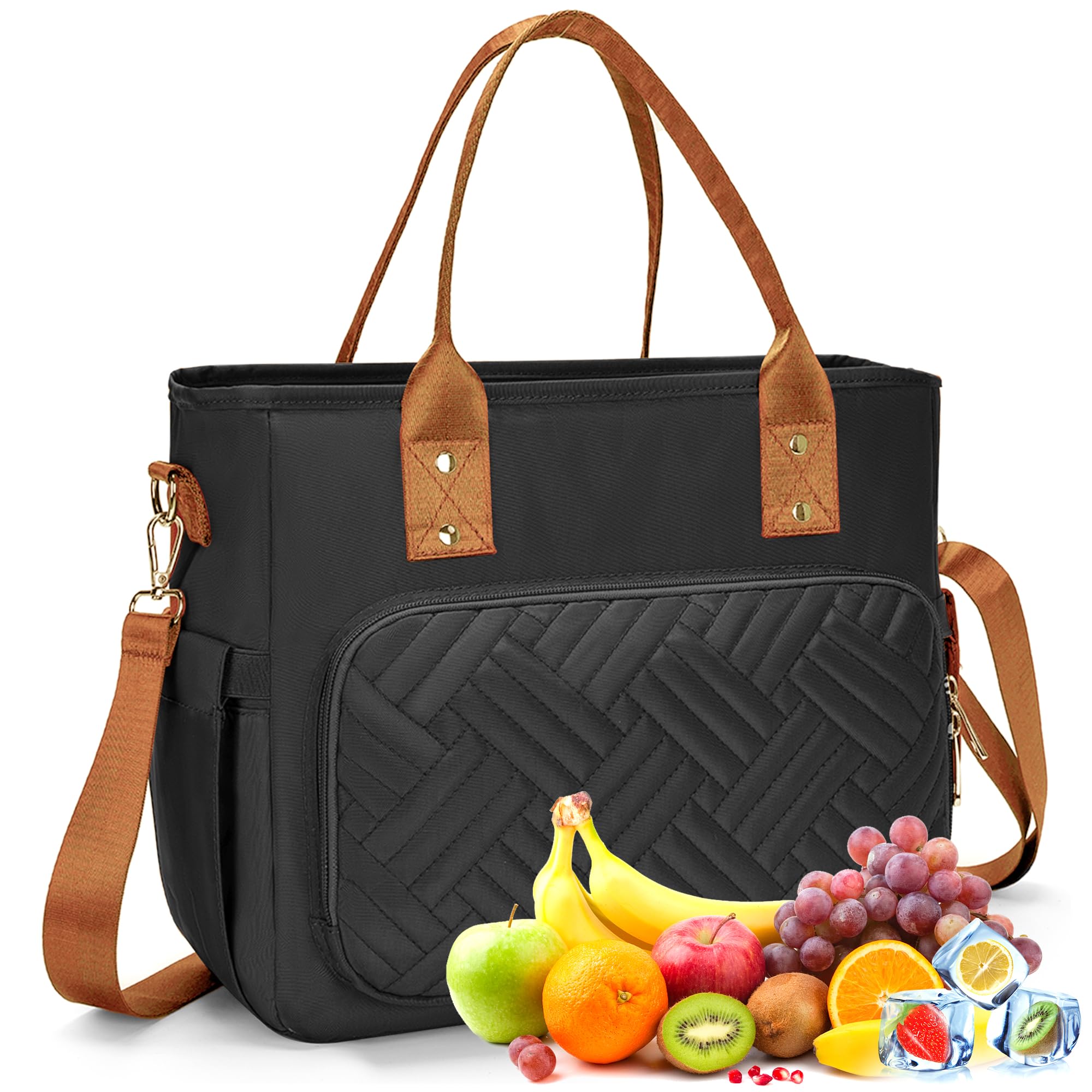 HMLIN OUTOOORS Lunch Bag for Man, Leakproof Insulated Lunch Bag, Durable Nylon Lunch Box for Woman with Shoulder Strap, Adult Reusable Lunch Cooler Tote Bags for Work Picnic Camping Beach Black