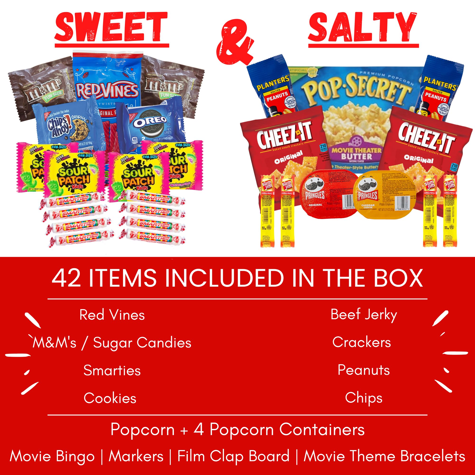 Movie Night Gift Basket – 42-Piece Gift Box with Popcorn, Candy, Snacks & Bingo – Birthdays, Date Night, Family, Kids, Adults, Mom, Dad, Teens, Christmas, Mothers Day, Fathers Day, Raffle & Fundraiser