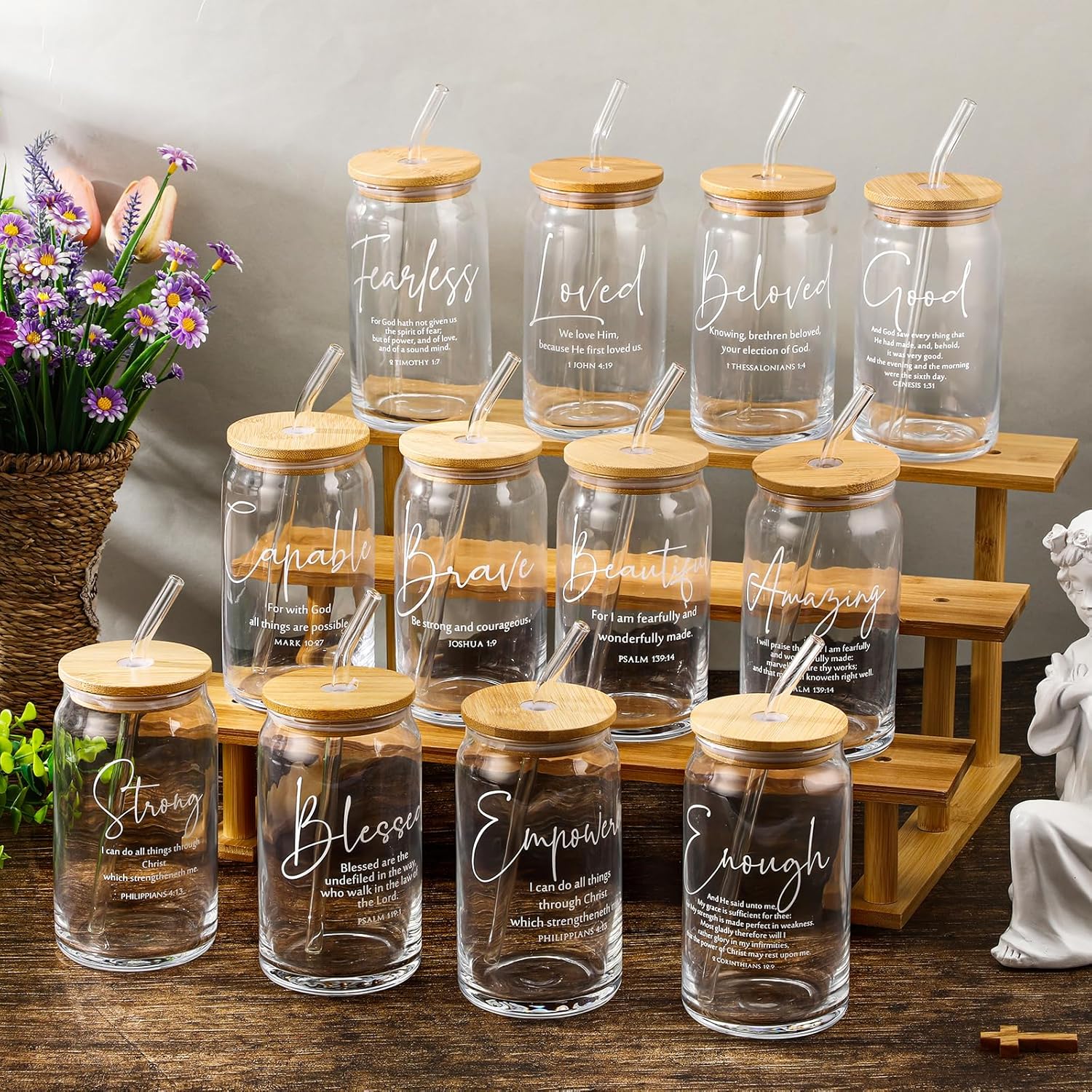 12 Pcs Christian Gifts Bulk Easter Bible Verse 16 oz Glass Cups with Bamboo Lid Straw Christian Mothers Day Church Gift Bible Verse Religious Coffee Cup for Women Men Clergy (Classic Style) - Image 5